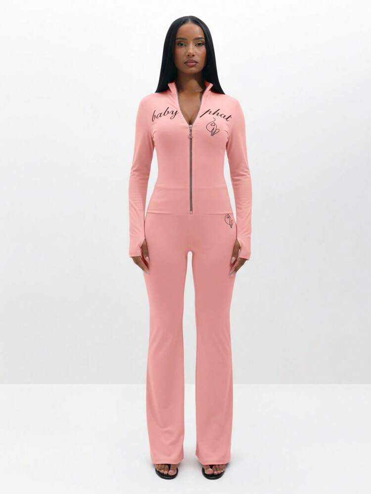 BABYPHAT Plus Size High Waisted Pink Stretch Leggings With Script Print Statement Activewear