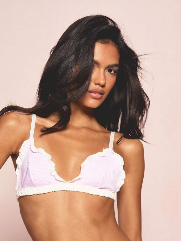 MISSGUIDED Gestreifter Volant-BH mit Dreieckskörbchen, weich, ohne Bügel, feminine Wäsche-Dessous