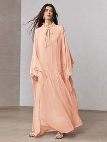 ZEYLAH Gaun Pesta Kasual Wanita Warna Polos dengan Kerah Ikat dan Lipit, Cocok untuk Musim Semi - Coral Pink - View 4