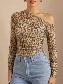 SHEIN BAE 女士豹纹褶皱休闲百搭日常长袖T恤 - 棕色 - 查看 6