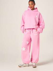 Missguided x Playboy Quần jogger nữ màu hồng in hình ngôi sao, ống rộng, có logo hình thỏ và họa tiết ngôi sao trắng, cạp chun co giãn và dây rút. - Hồng - Xem 5