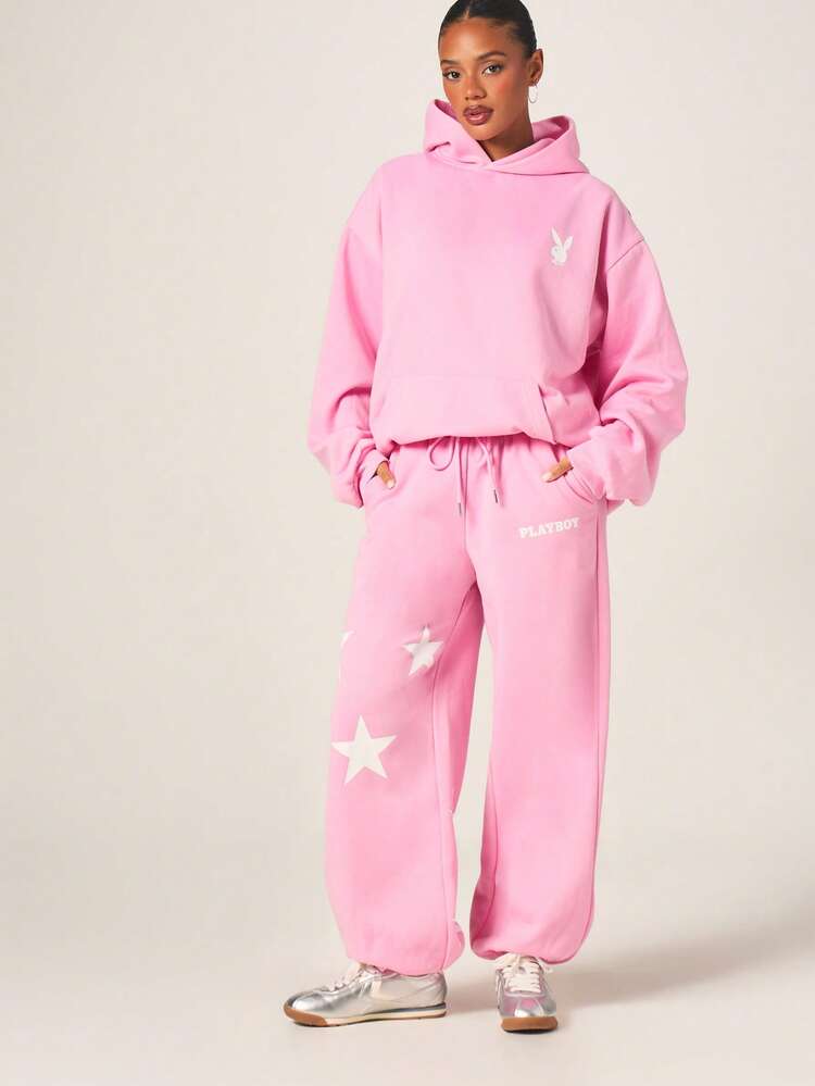 Missguided x Playboy Calça Jogger de Moletom Feminina com Estampa de Estrela Rosa, Barra de Punho, Logotipo de Coelho e Estampa de Estrela Branca, Cintura Elástica com Cordão