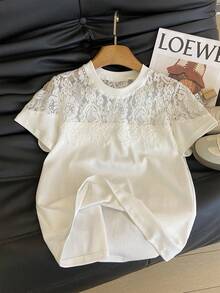 GlowEve 女士休闲纯色蕾丝拼接T恤，夏季 - 白色 - 查看 6