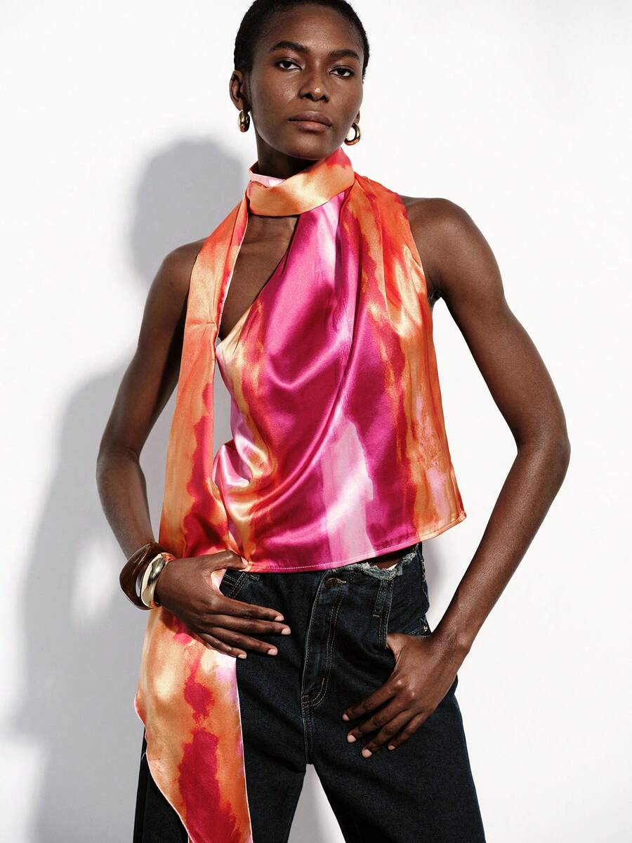 Aveloria Modichic Women's Pink And Orange Silk Tie Dye Cami Top,Summer Elegant Party Night Gradient Sleeveless Blouse,Draped Neck Hanging Ribbon Design,Backless - Multicolor - View 1