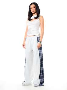 SUMWON WOMEN Women's Spliced Check Pattern Side Panel Wide Leg Drawstring Waist Joggers With Contrast Color Block Design Fall Winter Comfort Pants - Light Grey - View 4