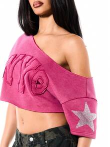 SUMWON WOMEN Áo sweatshirt nữ trễ vai dáng ngắn với chữ NYC và họa tiết ngôi sao. - Hồng - Xem 6