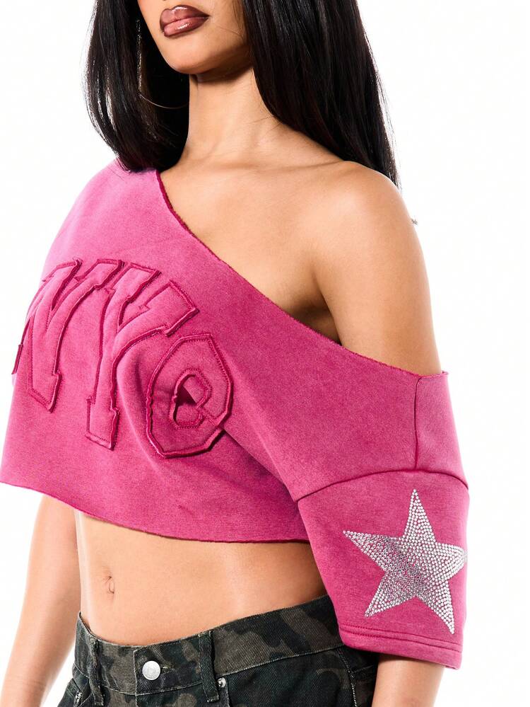 SUMWON WOMEN Women Off Shoulder Cropped Sweatshirt With NYC Text And Star Embellishments