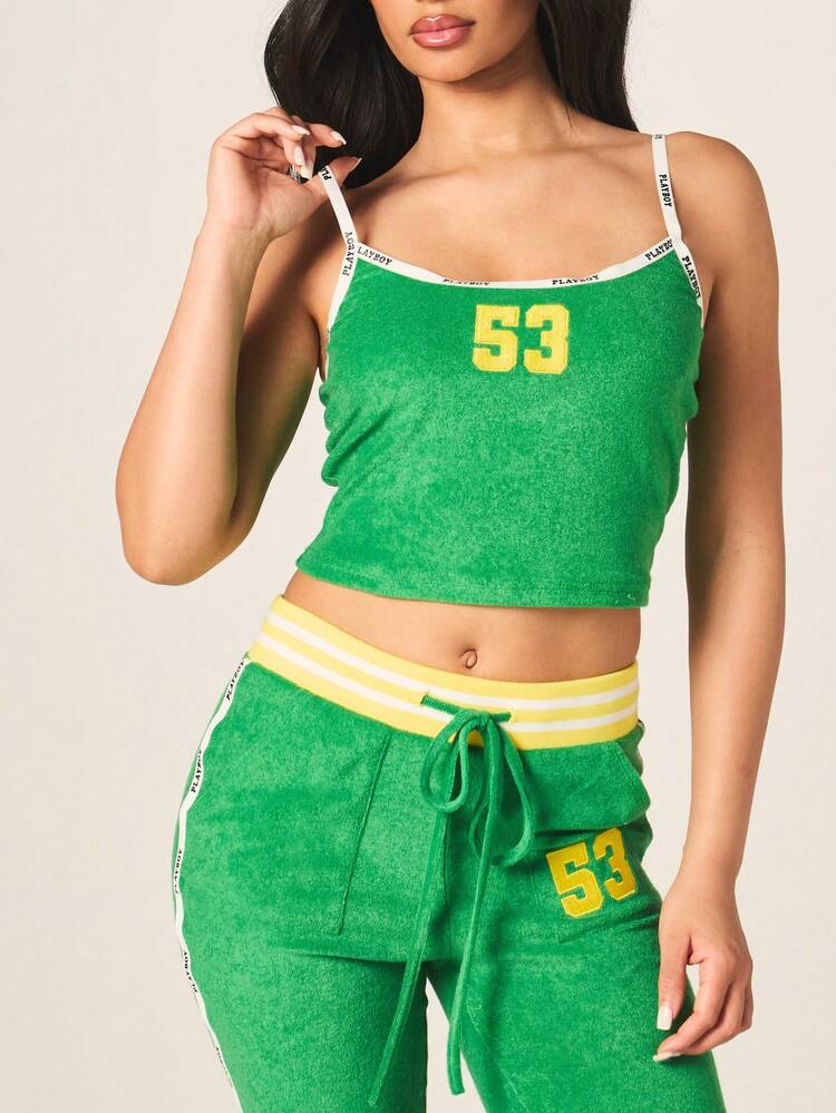 Missguided x Playboy Bright Green Terry Toweling Camisole Top With Yellow Number 53 Print And Contrast Logo Straps For Summer Casual Wear