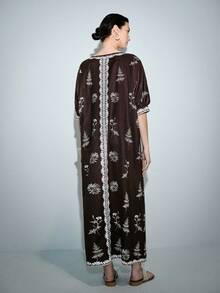 Lumivelle 女士V领半袖印花宽松连衣裙，带口袋，春夏款 - 棕色 - 查看 2