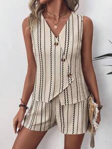 SHEIN LUNE Ladies Weave A Casual Striped Summer Two Pieces Set - Apricot - View 4