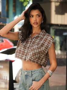 Denimoi Boxy Crop Top Plaid Collared Crop Top With Raw Edges Fashionable Streetwear - Brown - View 5