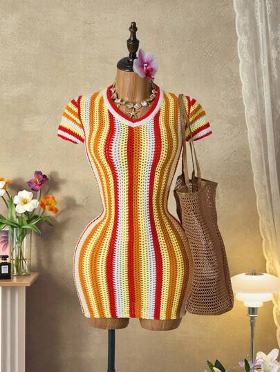 Mistrie 女士针织短袖V领条纹多色红、黄、橙、白毛衣，修身迷你裙，性感，适合度假、休闲聚会、女装、春秋款式、夏冬款式。