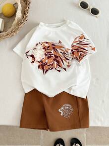 SHEIN Kids Boys Summer Casual T-Shirt Set,Classic Cool Lion Pattern Animal Cartoon Print White Short Sleeve Top And Khaki Shorts 2-Piece Set For Holidays - Khaki - View 2