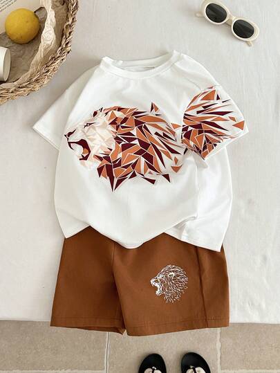 SHEIN Kids Boys Casual T-Shirt Set, Classic Cool Lion Pattern, Animal Print, Suitable For Spring And Summer Wear. Animal Cartoon Print White Short Sleeve T-Shirt And Khaki Shorts 2-Piece Set, Suitable For Summer Beach Vacation, Spring And Summer Wear, Suitable For Holidays