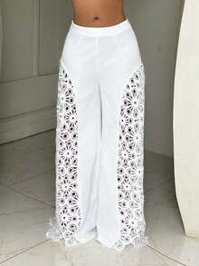 SHEIN BamGlam 女士度假休闲纯色镂空刺绣阔腿裤 - 白色 - 查看 6