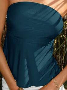 Sydney Algeri Women Solid Color Ruffle Hem Bandeau Strapless Top - Baby Blue - View 6