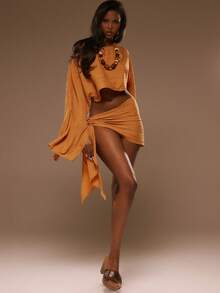 MUSERA Cheesecloth Draped Tie Side Mini Skirt Sarong Spring Summer Vacation Beach Elegant Ibiza Festival Holiday Tajine - Beige - View 2