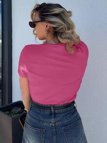 Jeta Ari Kaos Wanita Lengan Pendek Kasual Longgar Musim Panas Warna Polos Bordir Hati - Hot Pink - View 3