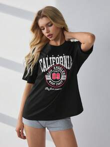 HautHeat 女士字母印花短袖家居服上衣 - 黑色 - 查看 4