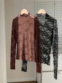 Comfortcana 2 piezas Blusas casuales y versátiles de manga larga con cuello alto y parches de encaje para mujeres - Multicolor - Ver 2