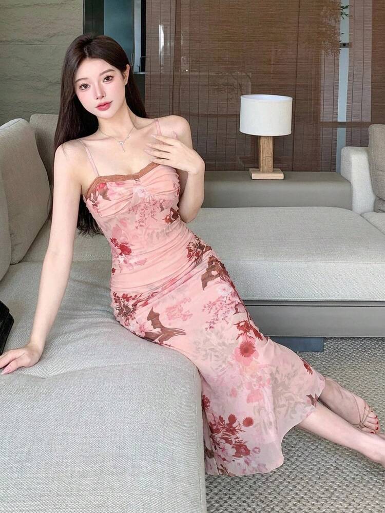 Spring & Summer Pink Floral Print Fitted Sexy Slip Dress, Casual Beach Vacation Music Festival Valentine's Day Wedding Dress For Women Maxi Dress Sundress