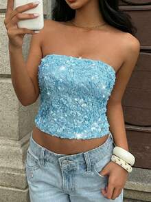 SHEIN EZwear 女士蓝色亮片针织抹胸上衣，适合夏季穿着，Y2K风格，亮片上衣，女士夏季穿搭，漂亮上衣，女士夏季上衣，夏季穿搭，抹胸上衣 - 藍色 - 查看 1