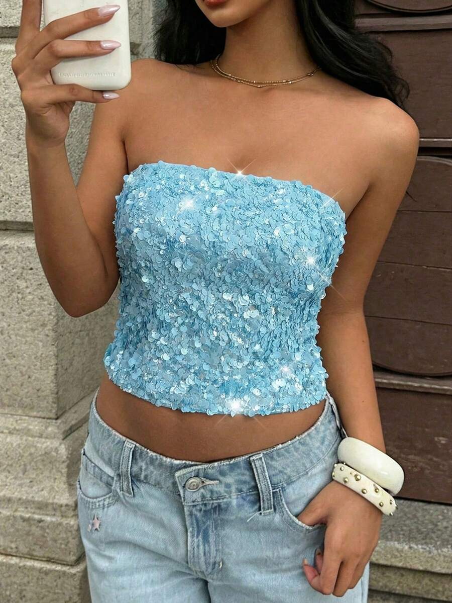 SHEIN EZwear 女士蓝色亮片针织抹胸上衣，适合夏季穿着，Y2K风格，亮片上衣，女士夏季穿搭，漂亮上衣，女士夏季上衣，夏季穿搭，抹胸上衣 - 藍色 - 查看 1