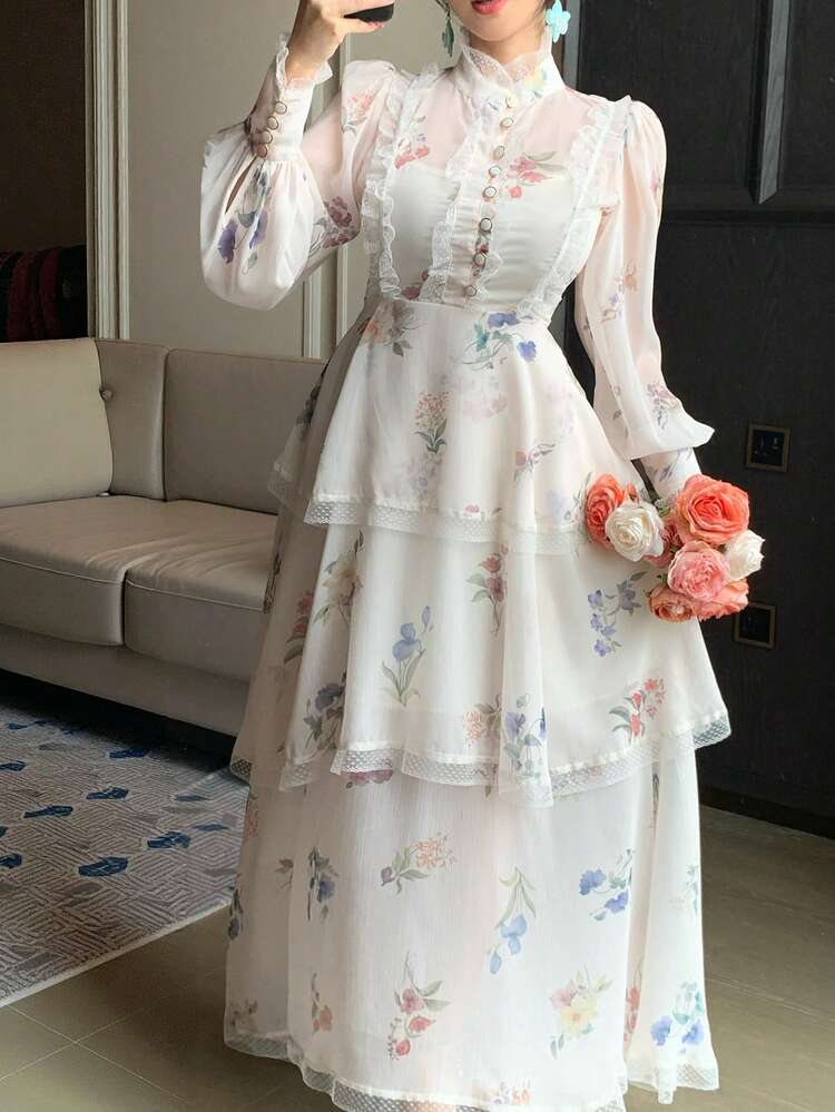 Women's Mandarin Collar Floral Print Waist Cinched Elegant Casual Dress Sundress