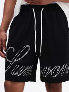 SUMWON Men's Drawstring Casual Shorts With Cursive Script Print Black Loose Fit Summer Beach Vacation Wear Comfortable Elastic Waist - Black - View 2