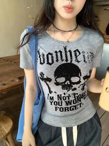 DAZY Women's Skull Print Round Neck Fashionable Short Sleeve T-Shirt - Grey - View 5