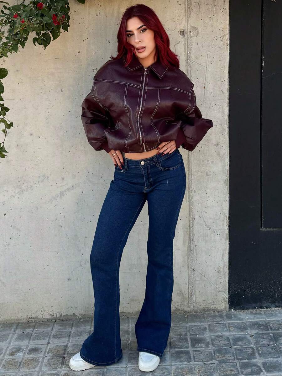 Bearsaez 女式冬季休闲保暖直筒牛仔裤 - 深色水洗藍 - 查看 1