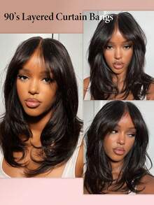 ALL READY WIG 7x5 Designer Layered Glueless Wear&Go Curtain Bangs Natural Wave Wig, 100% Human Hair Wear And Go Pre Cut Pre Plucked Glueless Closure Wig Layered With Curtain Bang Natural Black, 180% Density, 16-22 INCH, Pull & Go Real Human Hair Wigs For Women Pre-Plucked Hairline - SNatural - View 5