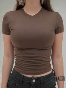 Duda Rubert 1 buah Kaos Wanita Polos Kerah Bulat Lengan Pendek Pas Badan, Sederhana & Modis, Cocok untuk Musim Panas - Coffee Brown - View 5