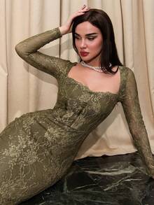 Bris Aura 女士秋冬新款性感 S 形蕾丝长袖紧身胸衣美人鱼长款紧身连衣裙，适合派对、约会、晚会 - 軍綠色 - 查看 2