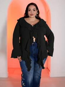 Pretty and Ole Plus Size Women Autumn/Winter Fashion Sexy & Sweet Ruffle Flare Sleeve Cardigan - Black - View 6