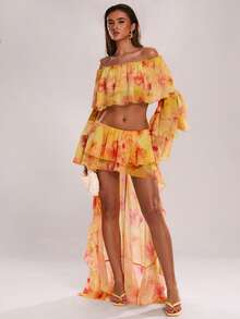 SHEIN BAE 女士春夏休闲度假印花荷叶边不对称下摆半身裙，沙滩度假裙，适合海滩度假、休闲度假，优雅法式风格半身裙，优雅休闲半身裙 - 黃色 - 查看 6