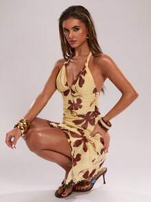 SHEIN BAE Casual Vacation Halter Backless Asymmetrical Hem Dress, Suitable For Spring/Summer Vacation, Sisters' Vacation, Beach Vacation, Beach Travel, Music Festival, Y2K, Sexy Playful Dress, Yellow Floral Dress Sexy Sundress Sexy Sun Dress Flower Dress Woman Hawaii Outfits Women Dress - Yellow - View 7