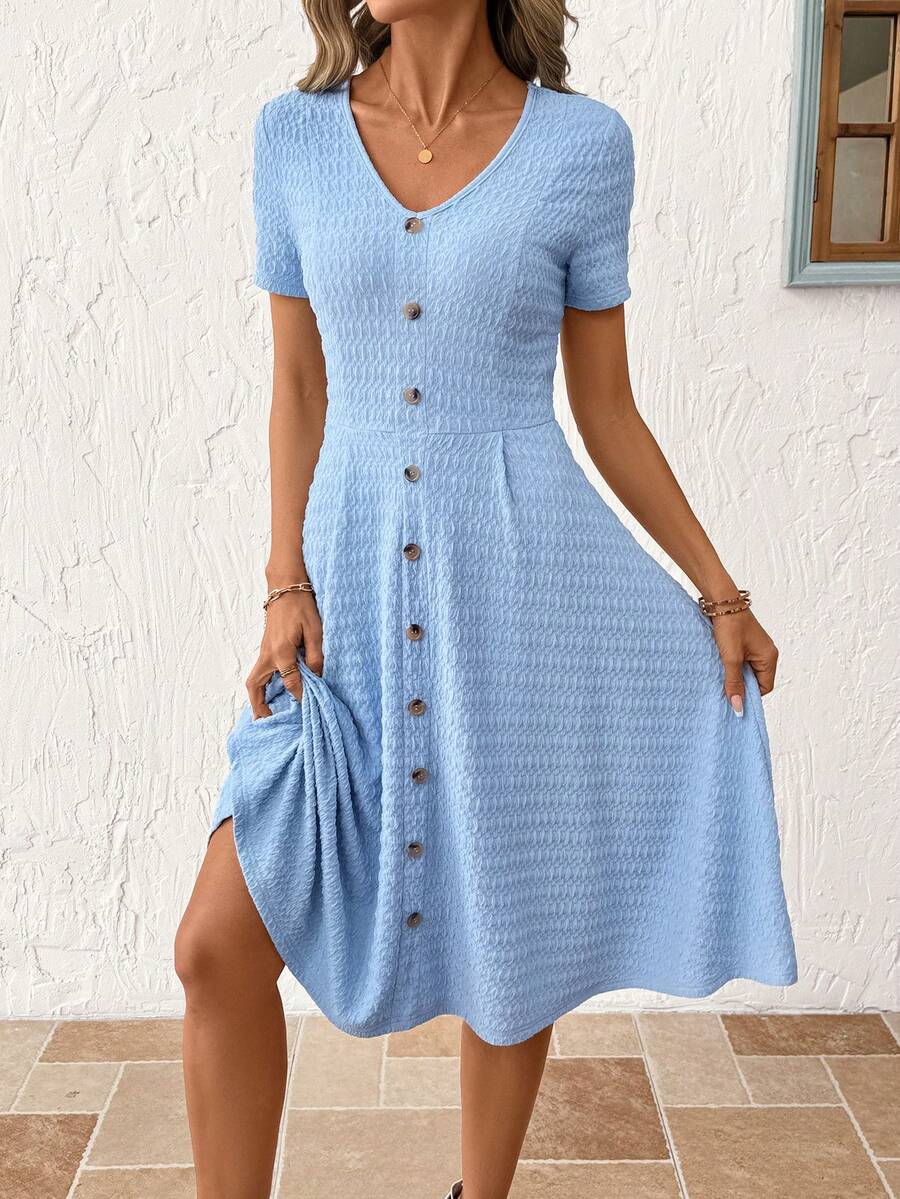 SHEIN Clasi Đầm nữ màu trơn cổ chữ V tay ngắn cài cúc, kiểu dáng thường ngày, dài đến đầu gối. - Màu xanh lam - Xem 1