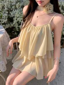 K-Vae Asymmetrical Strap Floral Decor Flowy Blouse - Yellow - View 4