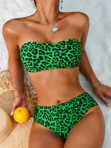 SHEIN Swim 2025 Women's Fashionable Sexy Leopard Print Bandeau Bikini Set - Green - View 1