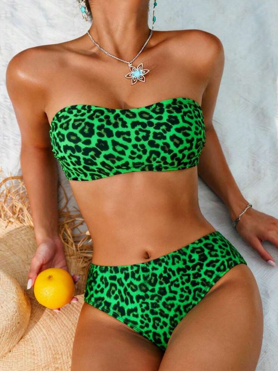 SHEIN Swim 2025 Women's Fashionable Sexy Leopard Print Bandeau Bikini Set - Green - View 1
