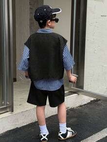 SHEIN 3件套/组 青少年男童休闲韩版侧袋无袖背心、条纹短袖T恤和短裤三件套，适合开学第一天、日常穿着、上学、旅行、运动、春夏季节穿着。 - 黑色 - 查看 2