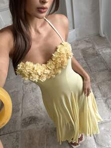 Aloruh Đầm hai dây lưới dệt kim họa tiết hoa 3D màu vàng, thanh lịch, thích hợp cho kỳ nghỉ. - Màu vàng - Xem 2