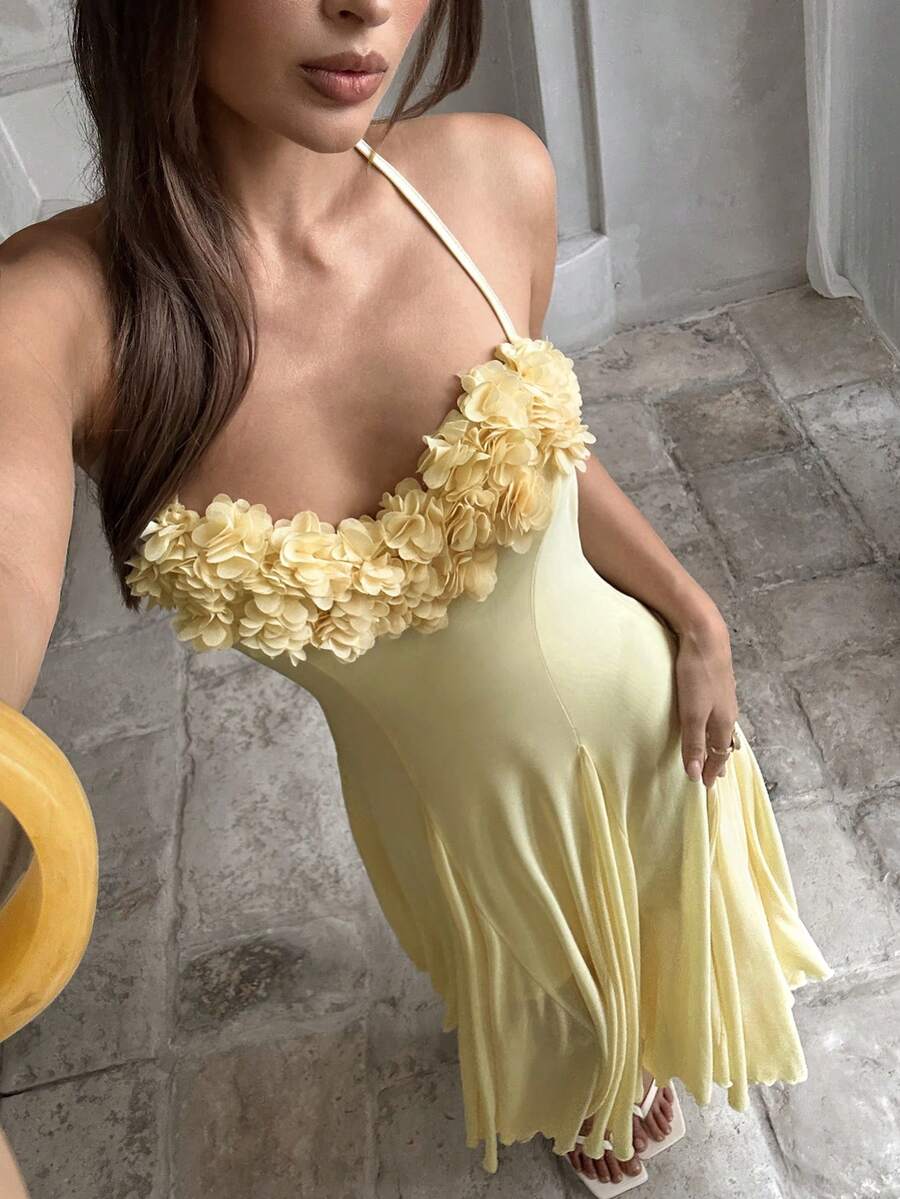 Aloruh Đầm hai dây lưới dệt kim họa tiết hoa 3D màu vàng, thanh lịch, thích hợp cho kỳ nghỉ.