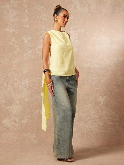 Lumalex Regular Sleeveless Yellow Blouse For Women, Spring/Summer Elegant Feminine Silhouette Top, Spring/Summer, Elegant Romantics, Gala Night, Looks Of Party, Fall New Style Women, Luxury Top For Party, Fashionable This Autumn Winter