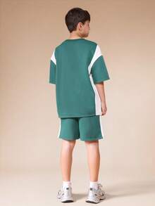 SUMWON Color Block Tween Short Sleeve T-Shirt And Shorts Two Piece Coordinated Set With Contrast Dark Green Panel Details For Casual Summer Wear School - Dark Green - View 2