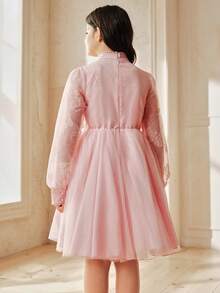 Anewsta 女童长袖薄纱荷叶边珍珠公主裙，粉色，春夏款 - 粉色 - 查看 6