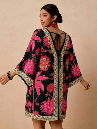 Travachic Plus Size Women's Fuchsia & Green Tropical Floral Print Dress, Mid-Length Sleeve Dress, Suitable For Autumn & Spring, Loose Fit Scoop Neck Short Dress, Backless Tie Dress, Coverup Dress