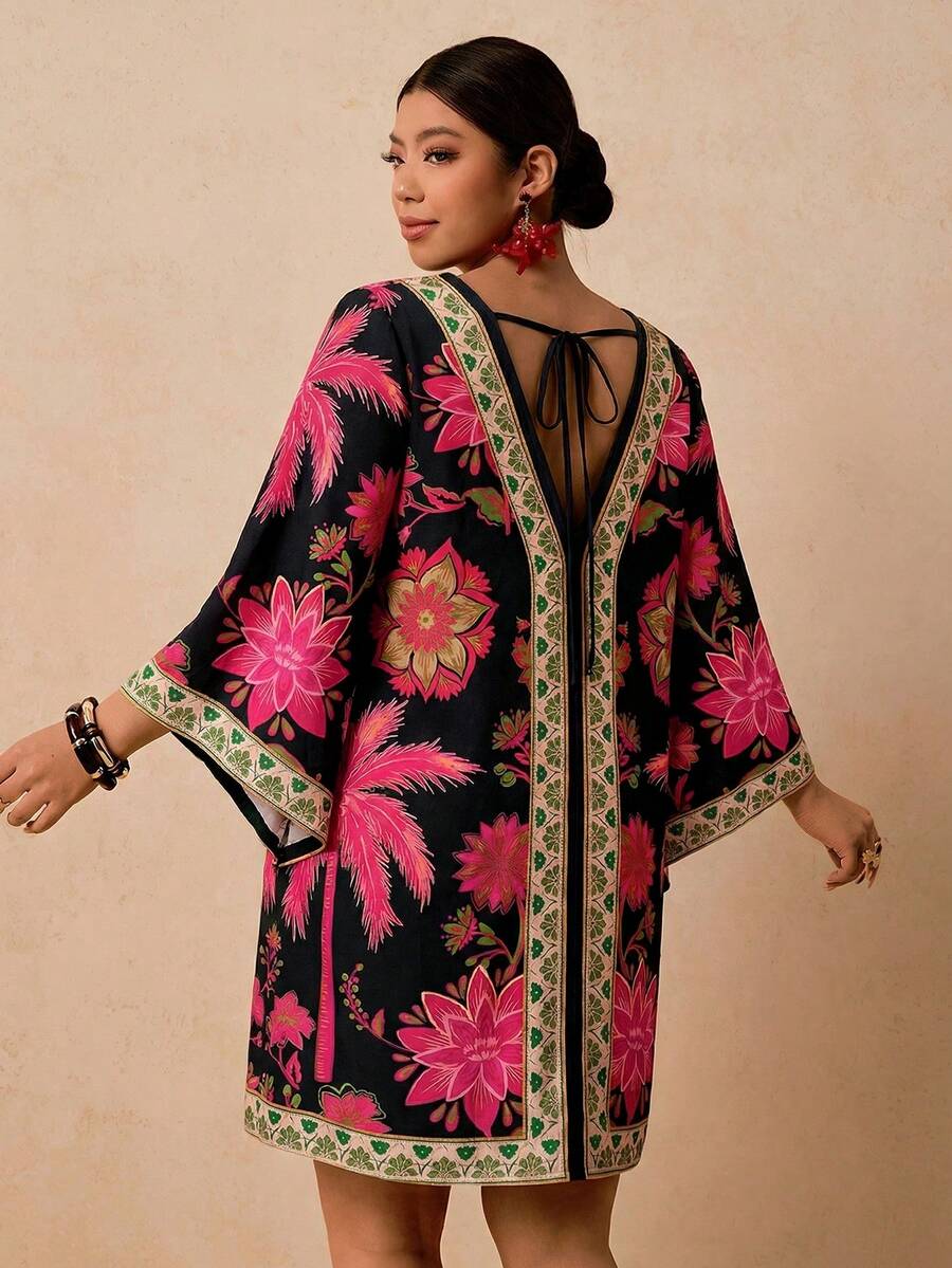 Travachic 大码女式紫红色和绿色热带花卉印花连衣裙，中长袖连衣裙，适合秋冬季节，宽松圆领短款连衣裙，露背系带连衣裙，罩衫连衣裙 - 黑色 - 查看 1