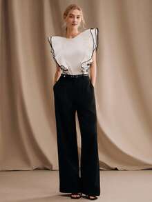 Anewsta 女士夏季上衣，时尚优雅设计，荷叶边袖口，撞色花卉蕾丝，奢华白色衬衫，适合外出、工作、情人节和日常穿着。 - 白色 - 查看 5